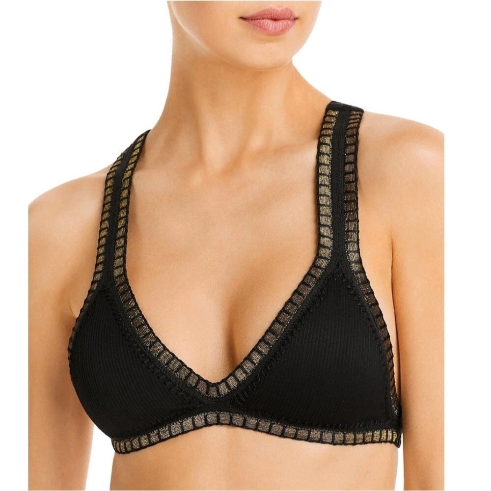 PQ Swim Platinum Swimwear Black with Gold Crochet Trim Bikini Top Sz L